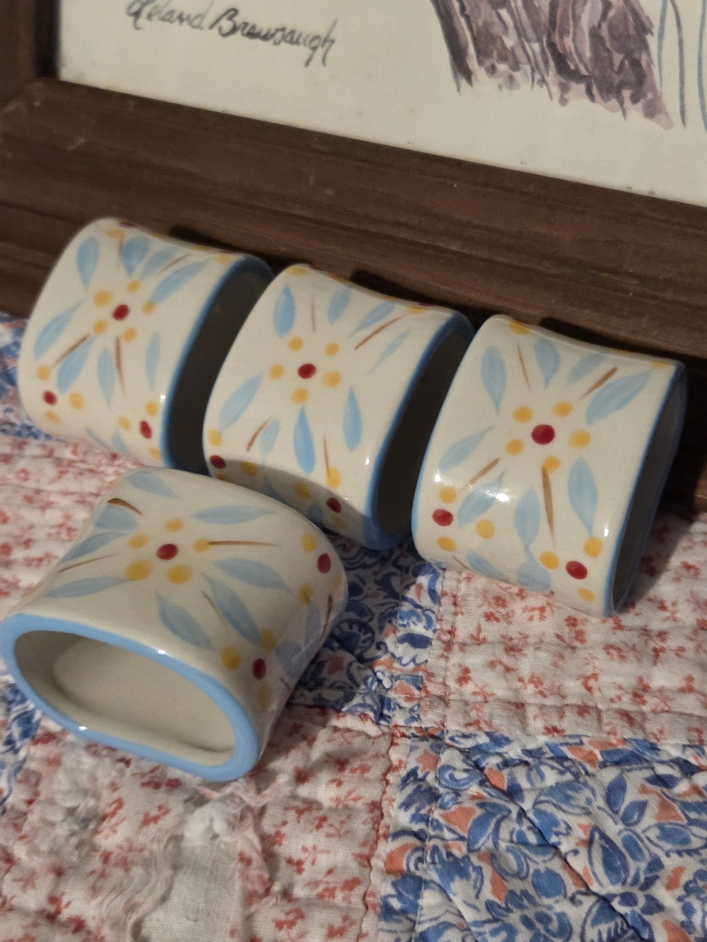 Hand-Painted Floral Ceramic Napkin Rings - Set of 4